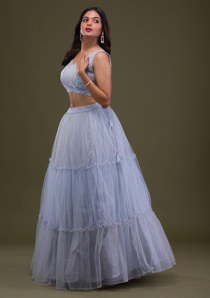 Grey Sequins Net Readymade Lehenga-Koskii