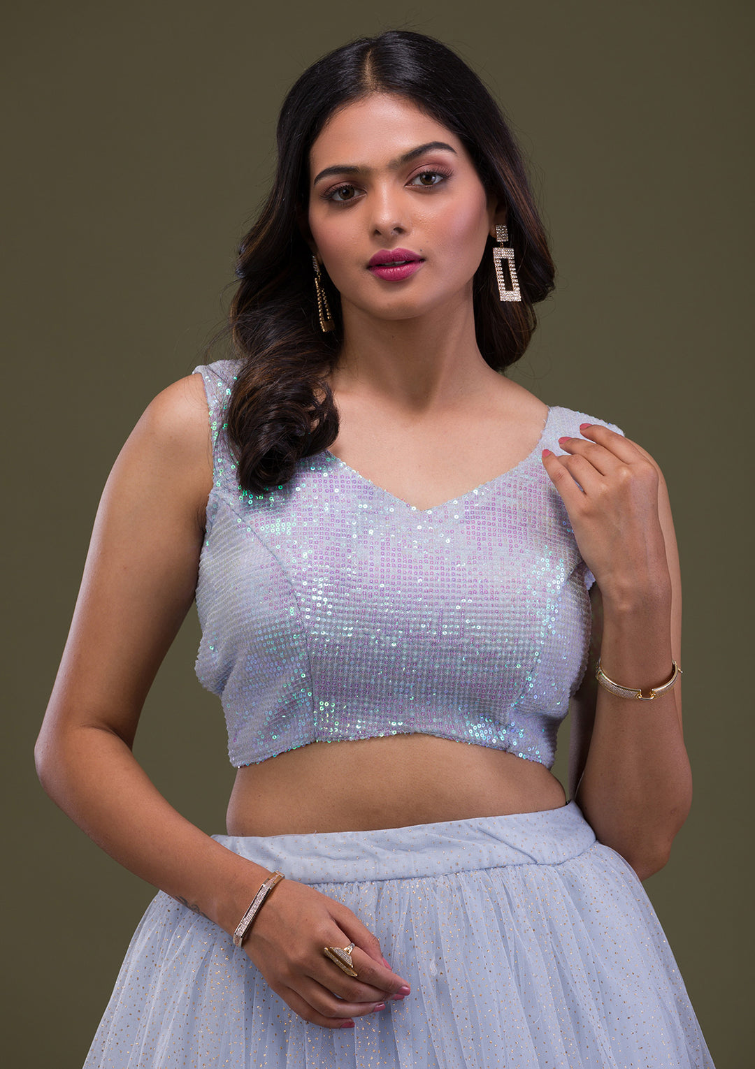 Grey Sequins Net Readymade Lehenga-Koskii