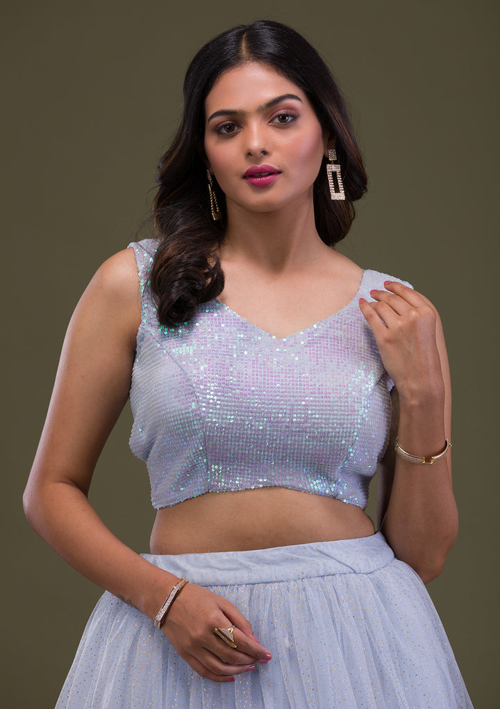 Grey Sequins Net Readymade Lehenga-Koskii