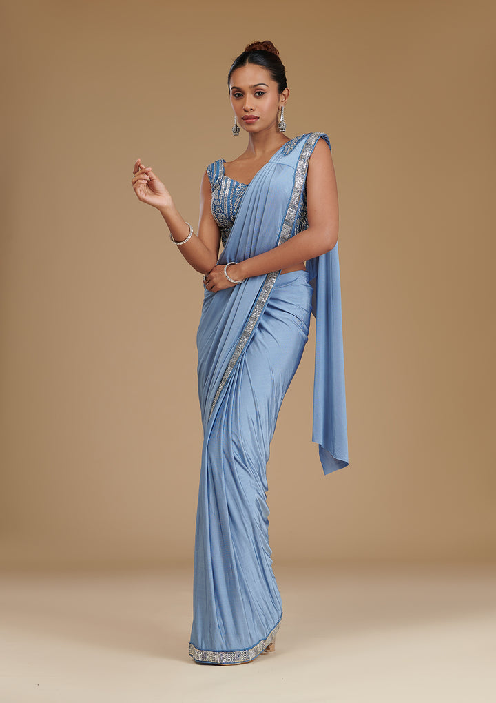 Grey Sequins Satin Readymade Saree