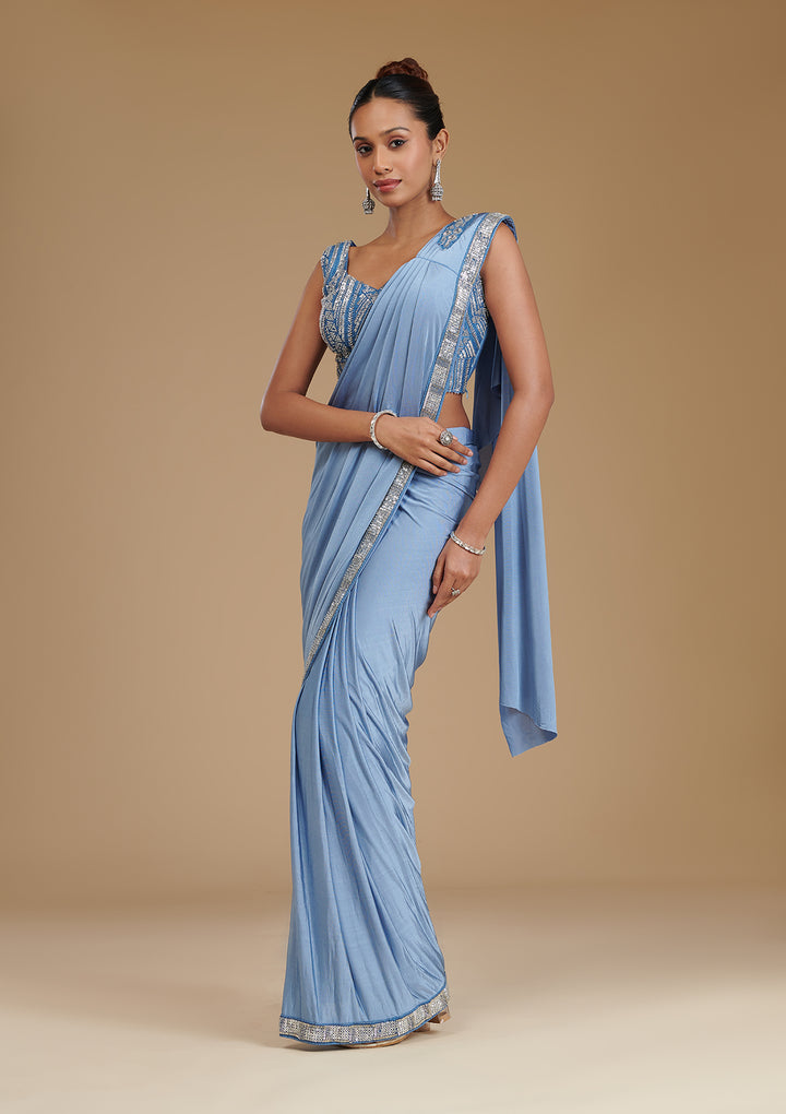 Grey Sequins Satin Readymade Saree