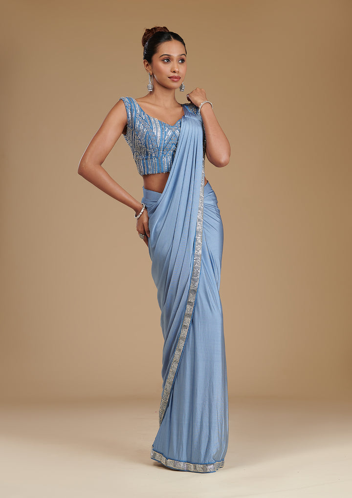 Grey Sequins Satin Readymade Saree