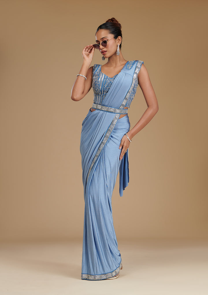 Grey Sequins Satin Readymade Saree