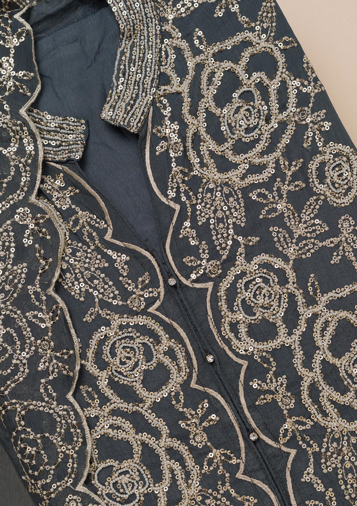 Grey Sequins Semi Crepe Unstitched Salwar Suit