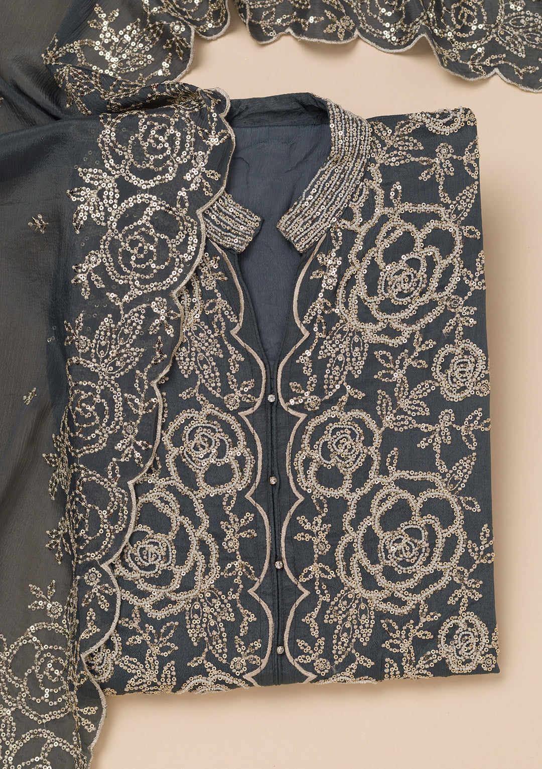 Grey Sequins Semi Crepe Unstitched Salwar Suit