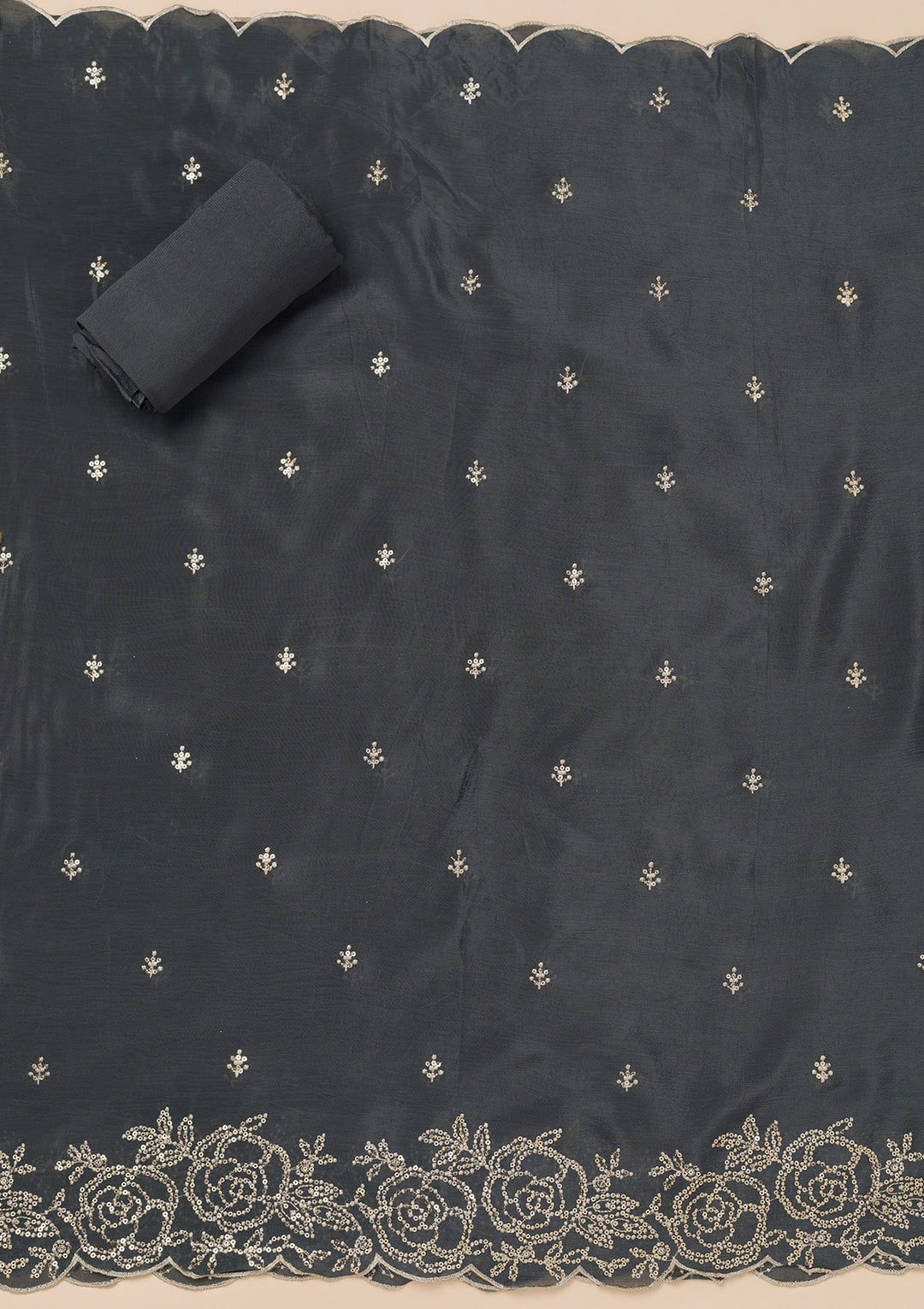 Grey Sequins Semi Crepe Unstitched Salwar Suit