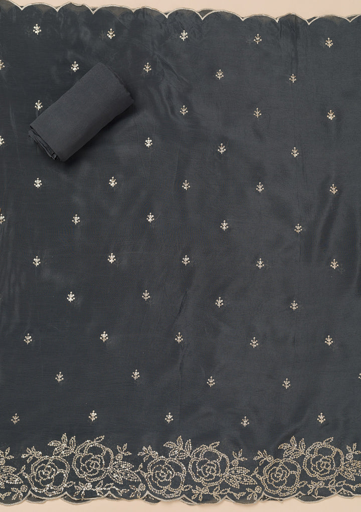 Grey Sequins Semi Crepe Unstitched Salwar Suit