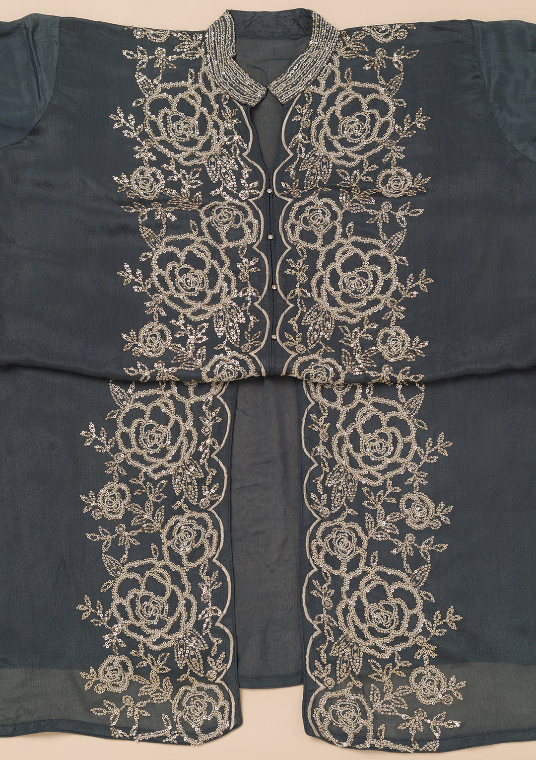 Grey Sequins Semi Crepe Unstitched Salwar Suit