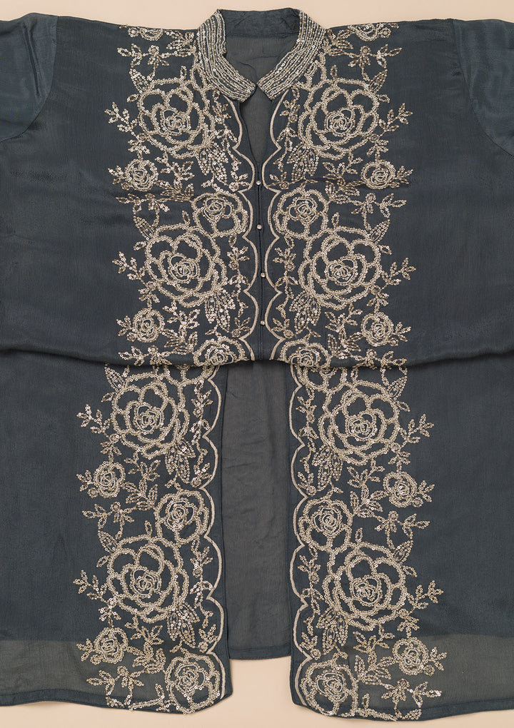 Grey Sequins Semi Crepe Unstitched Salwar Suit