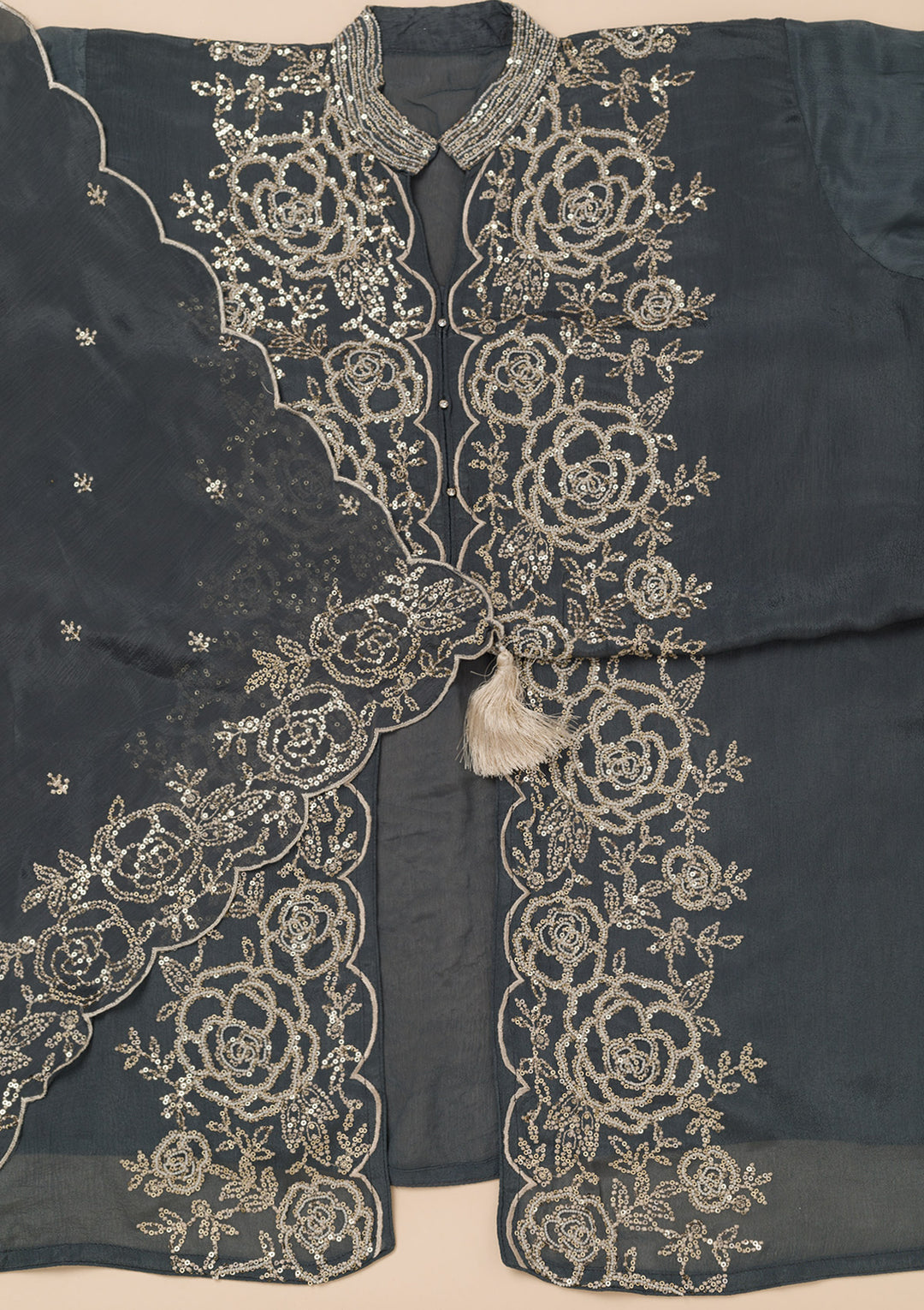 Grey Sequins Semi Crepe Unstitched Salwar Suit