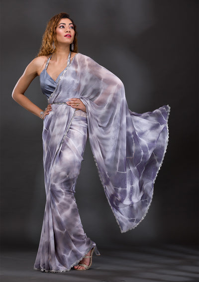 Grey Silver Stonework Shimmer Georgette Saree-Koskii