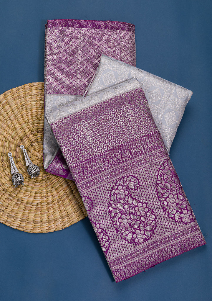 Grey Silver Zariwork Pure Silk Saree-Koskii