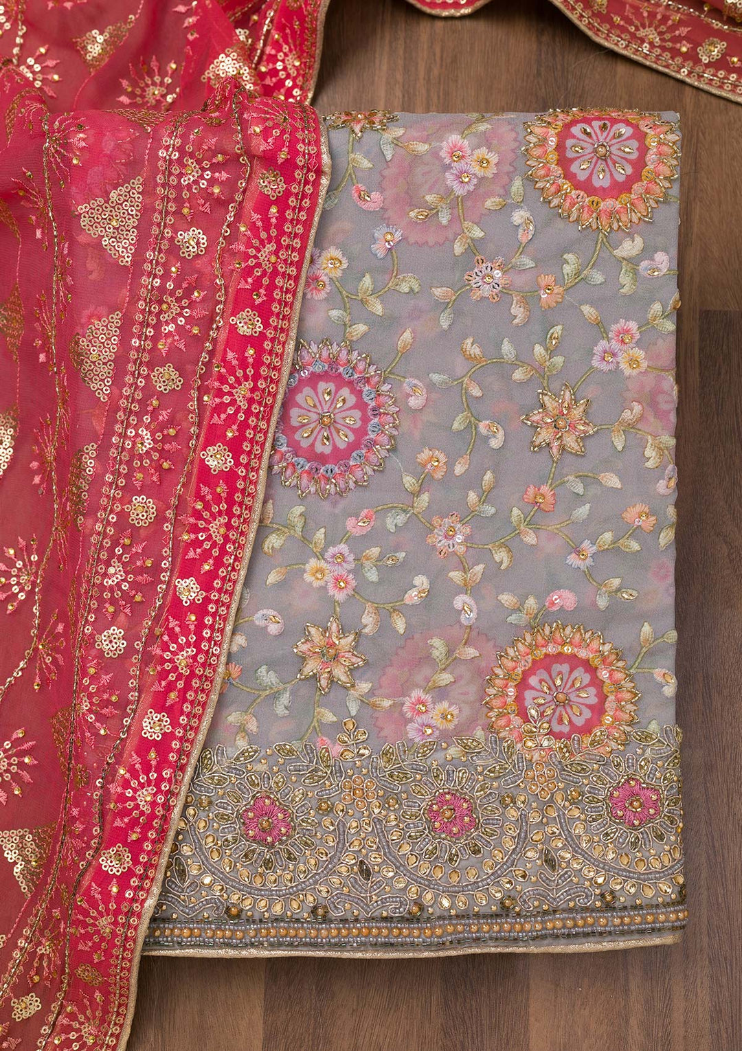 Grey Stonework Georgette Unstitched Salwar Suit