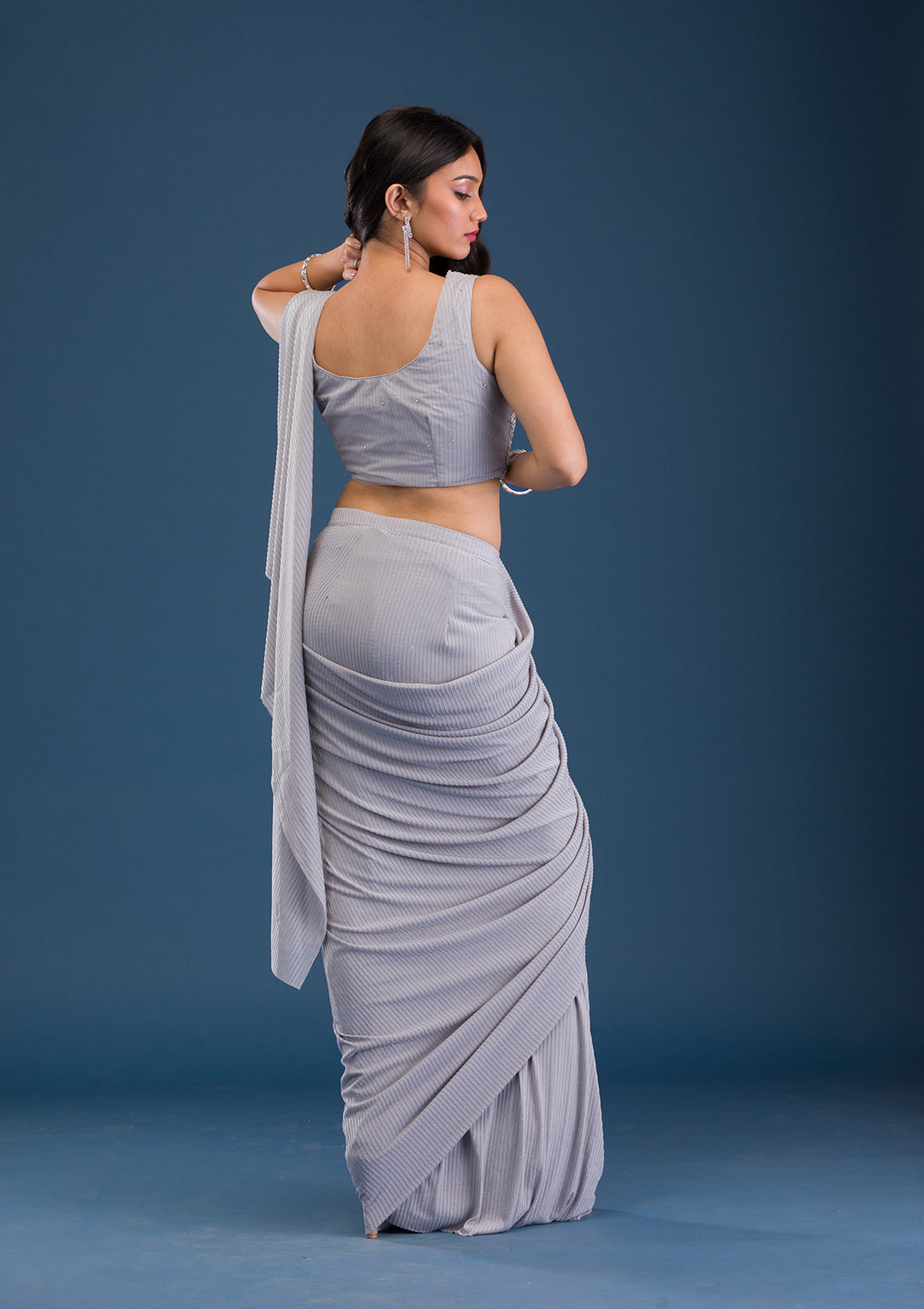 Grey Stonework Lycra Readymade Saree