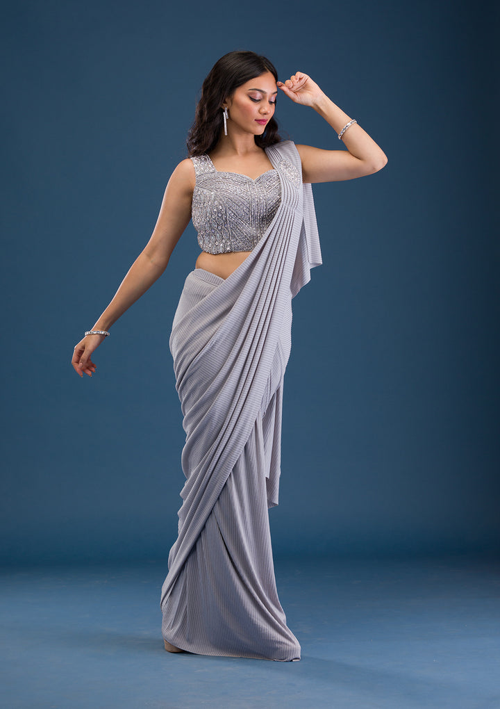 Grey Stonework Lycra Readymade Saree