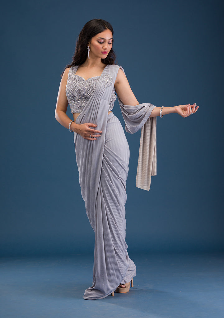 Grey Stonework Lycra Readymade Saree