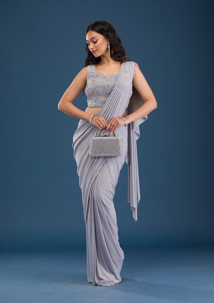 Grey Stonework Lycra Readymade Saree