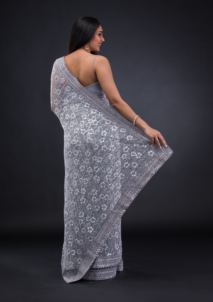 Grey Stonework Lycra Saree