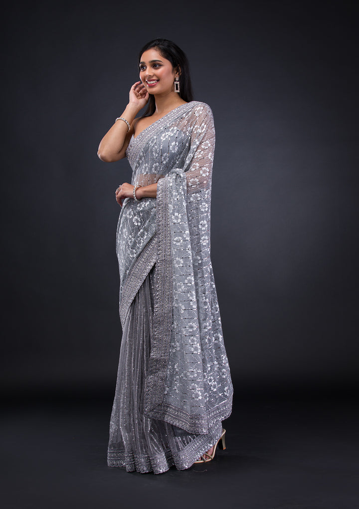 Grey Stonework Lycra Saree