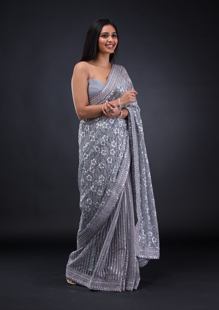 Grey Stonework Lycra Saree