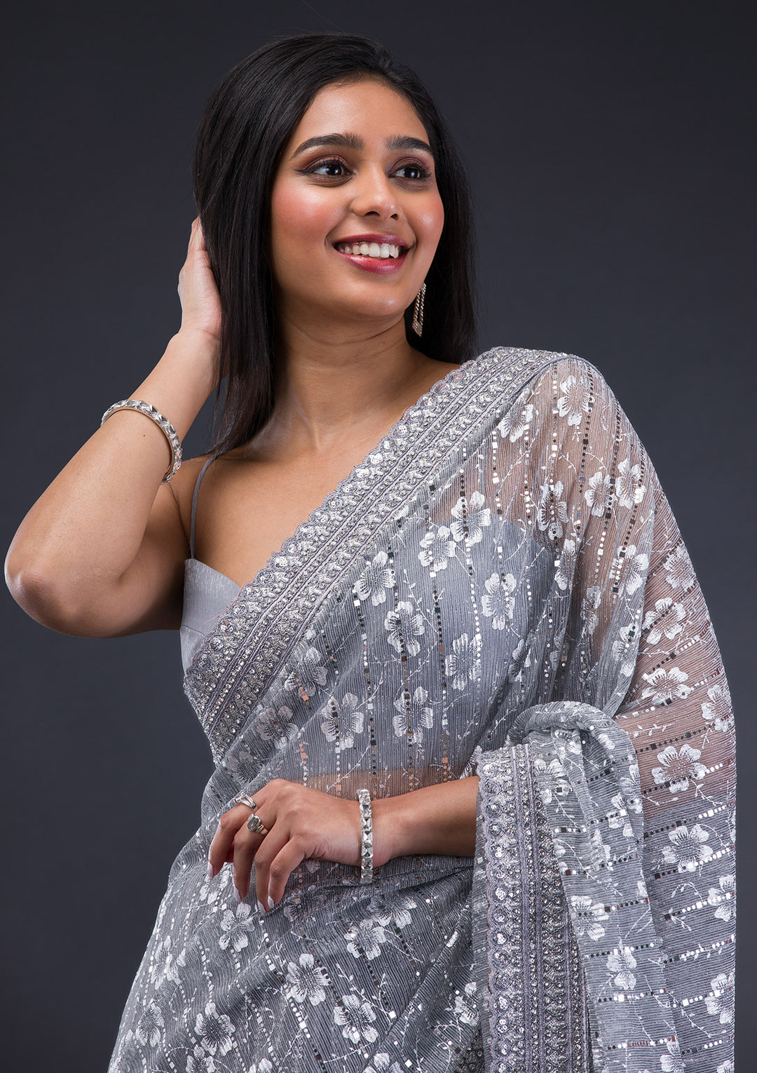 Grey Stonework Lycra Saree