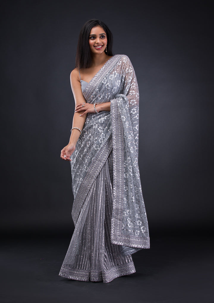 Grey Stonework Lycra Saree