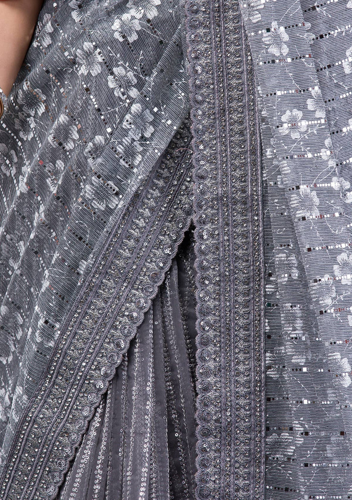 Grey Stonework Lycra Saree