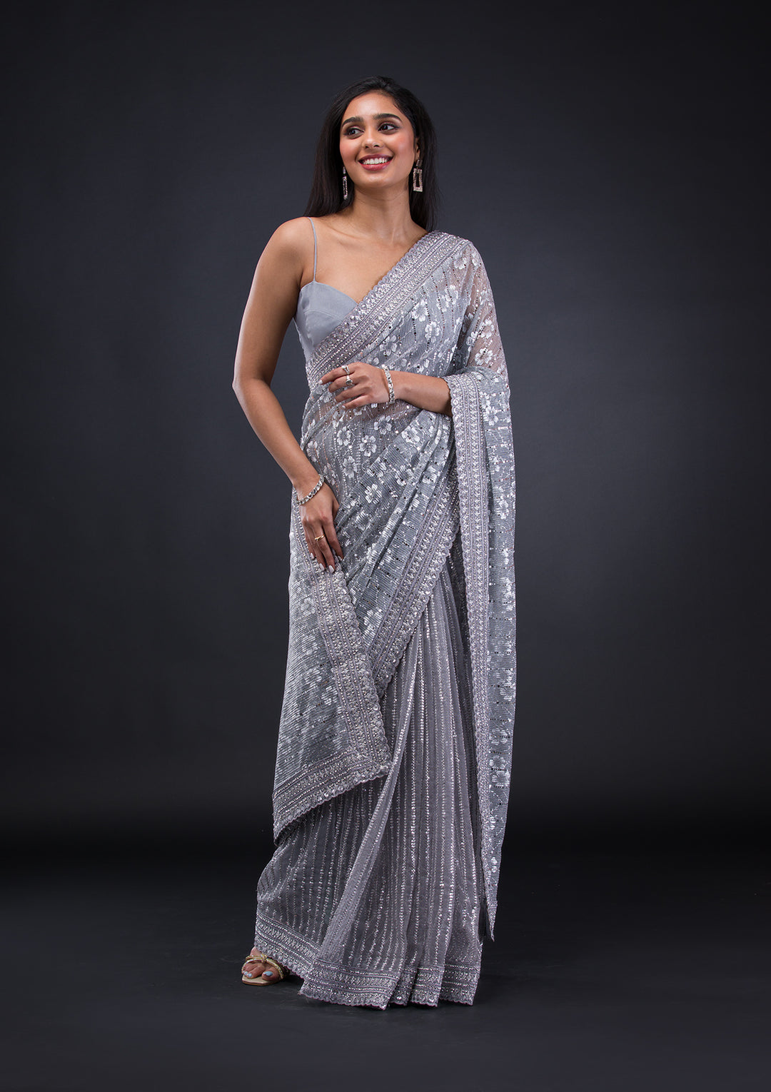 Grey Stonework Lycra Saree