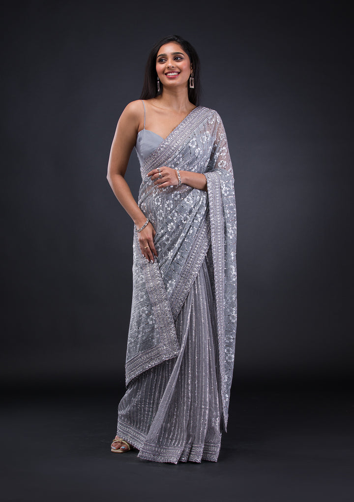 Grey Stonework Lycra Saree