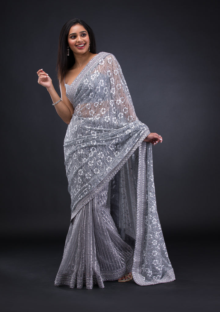 Grey Stonework Lycra Saree