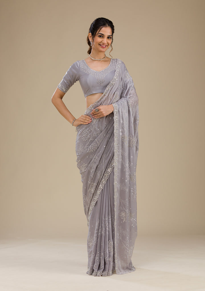 Grey Stonework Satin Saree
