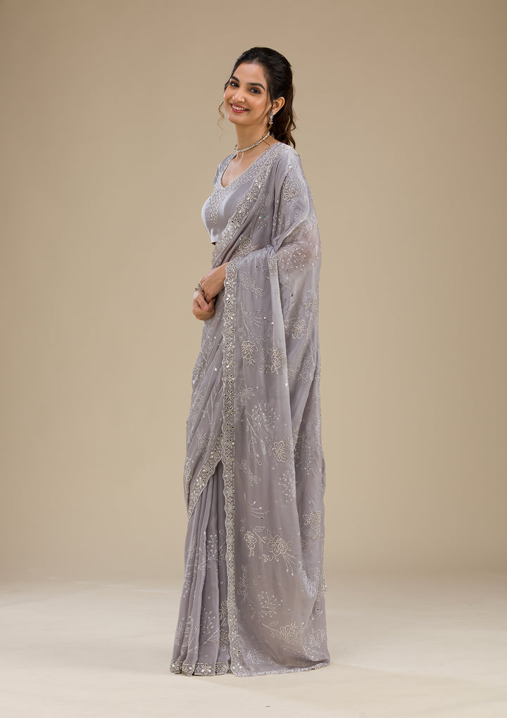 Grey Stonework Satin Saree