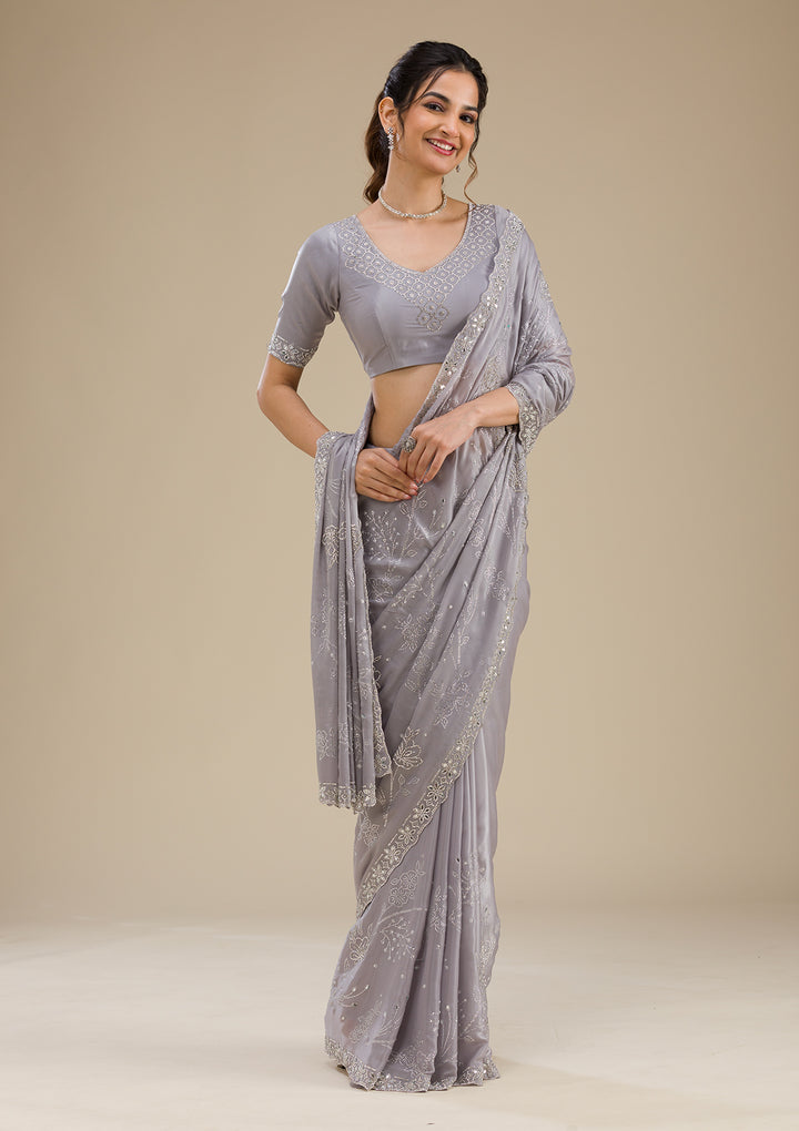 Grey Stonework Satin Saree