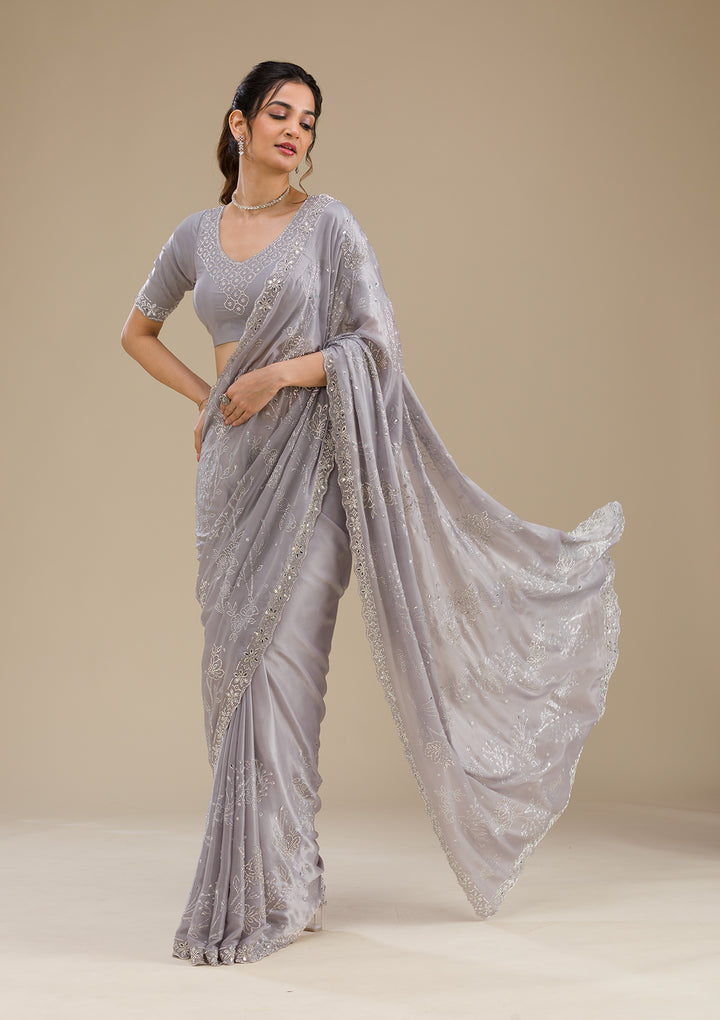 Grey Stonework Satin Saree