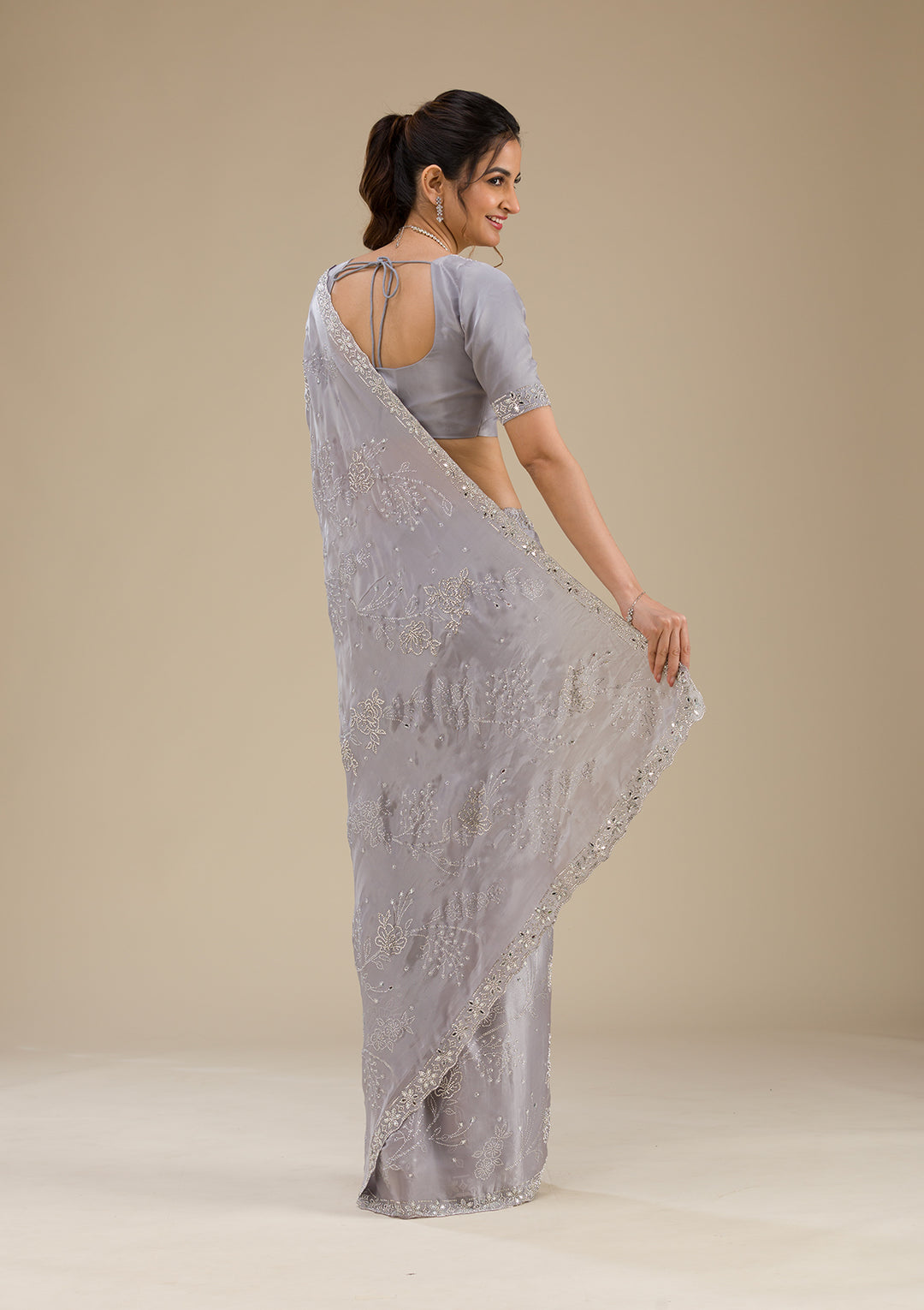 Grey Stonework Satin Saree