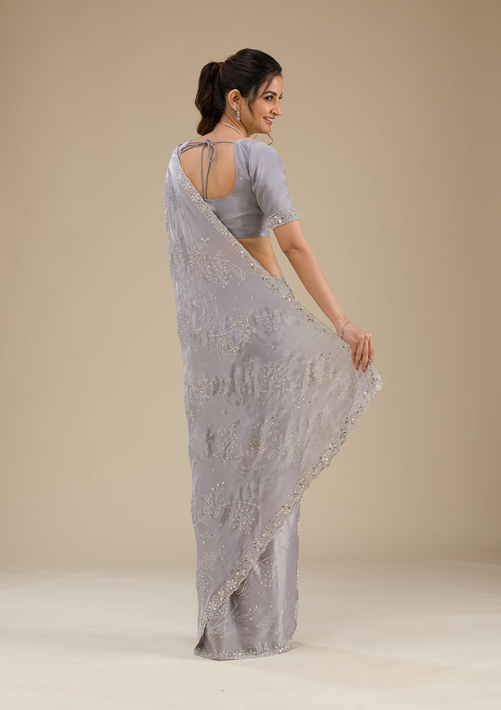 Grey Stonework Satin Saree
