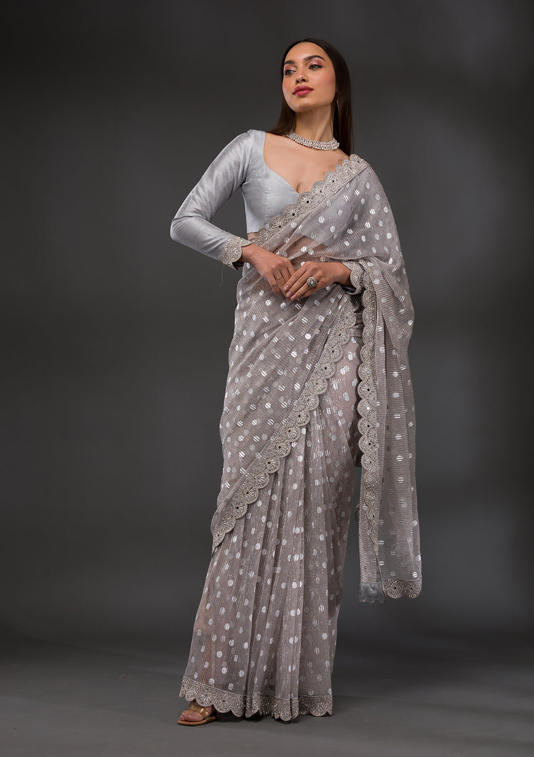 Grey Stonework Shimmer Georgette Saree