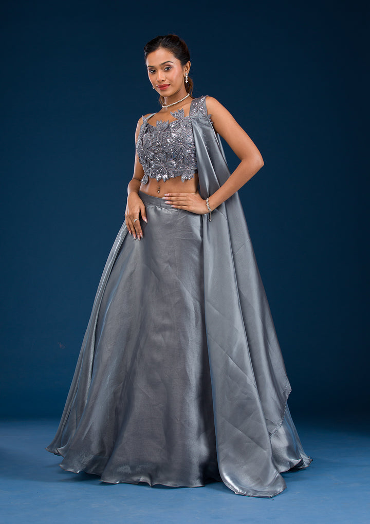 Grey Stonework Tissue Readymade Lehenga
