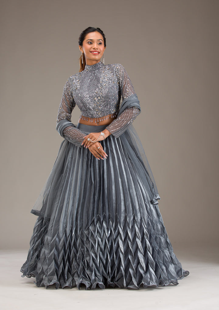 Grey Stonework Tissue Readymade Lehenga