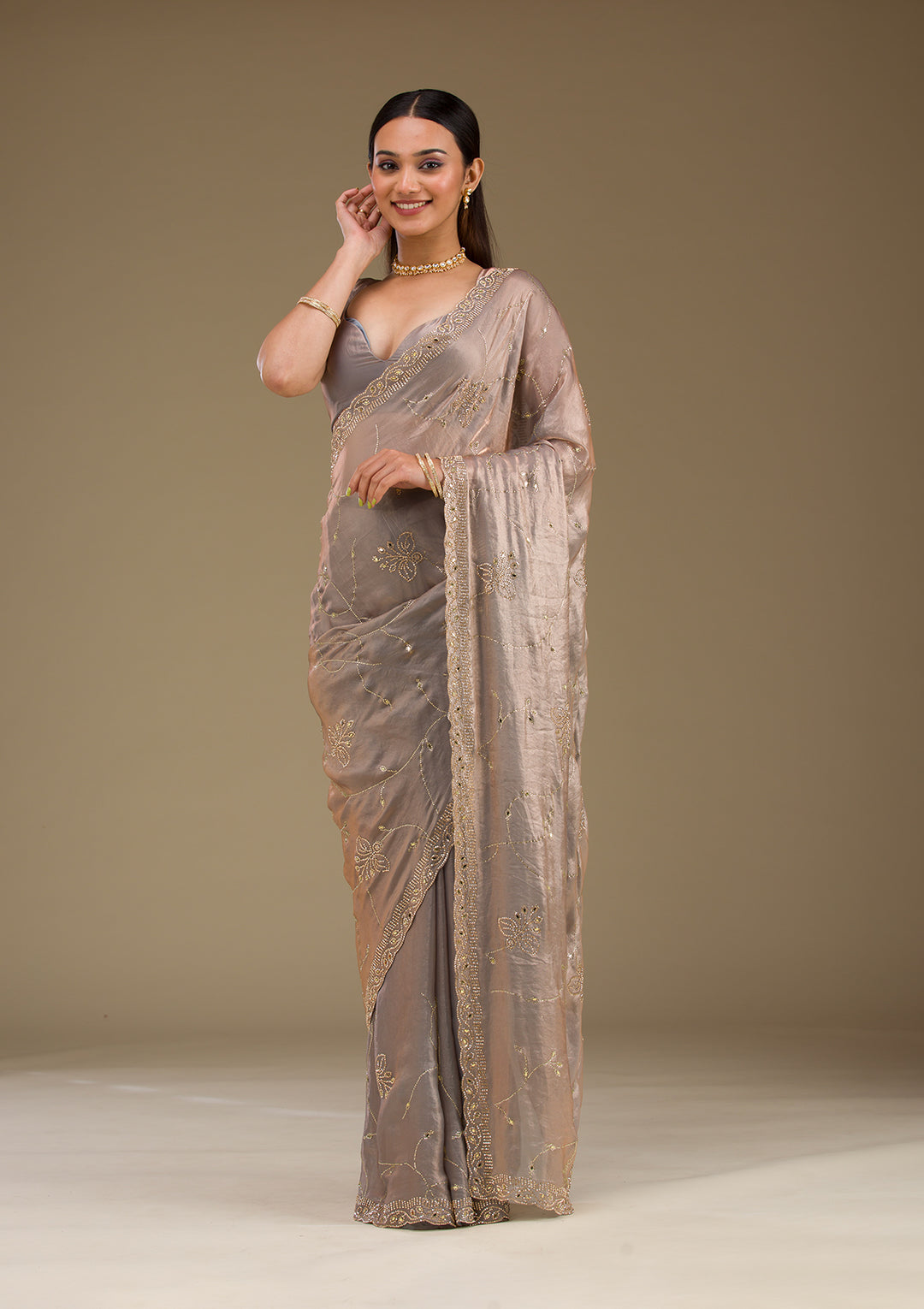 Grey Stonework Tissue Saree