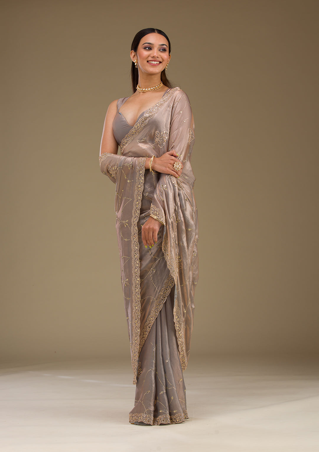 Grey Stonework Tissue Saree
