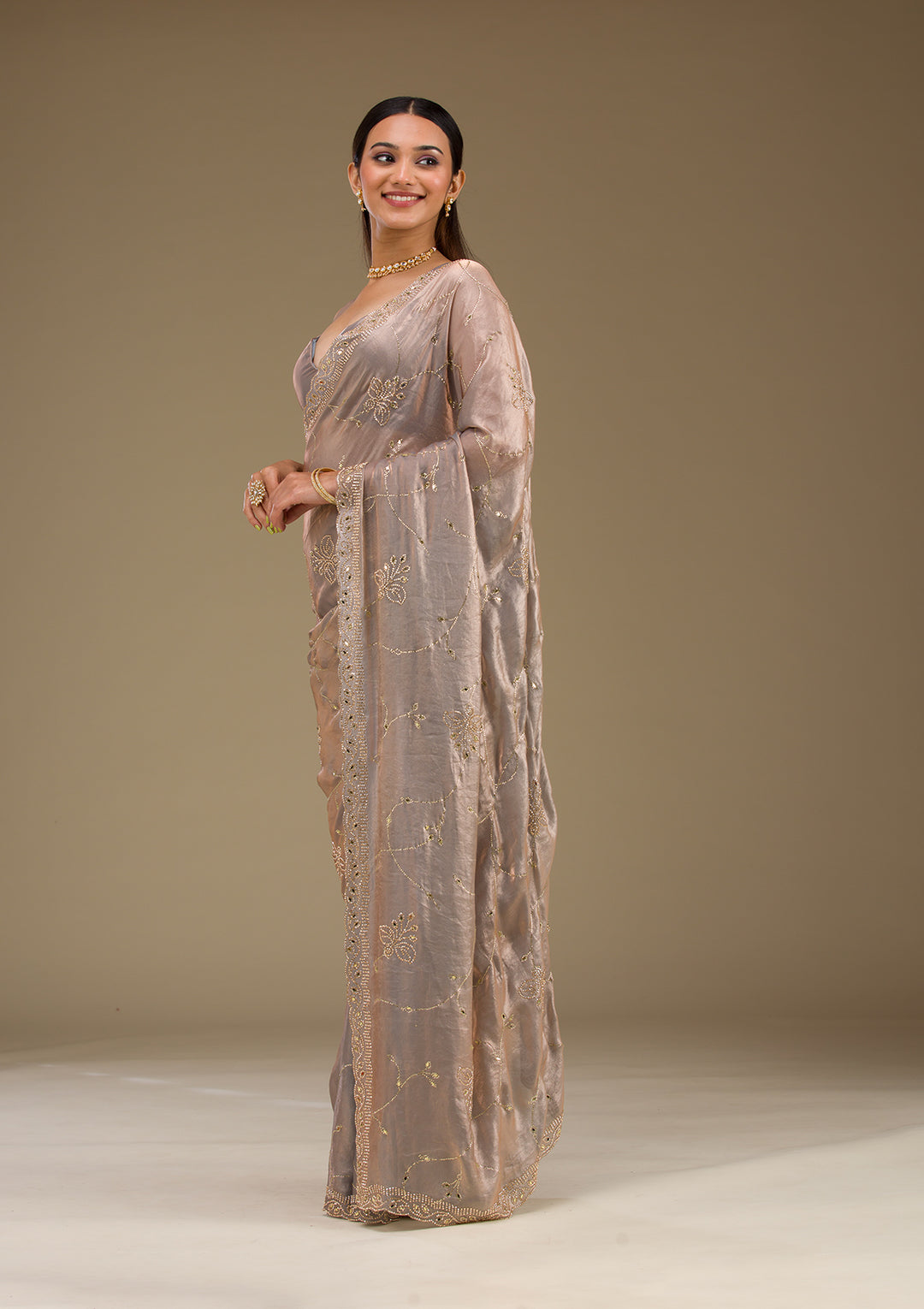 Grey Stonework Tissue Saree