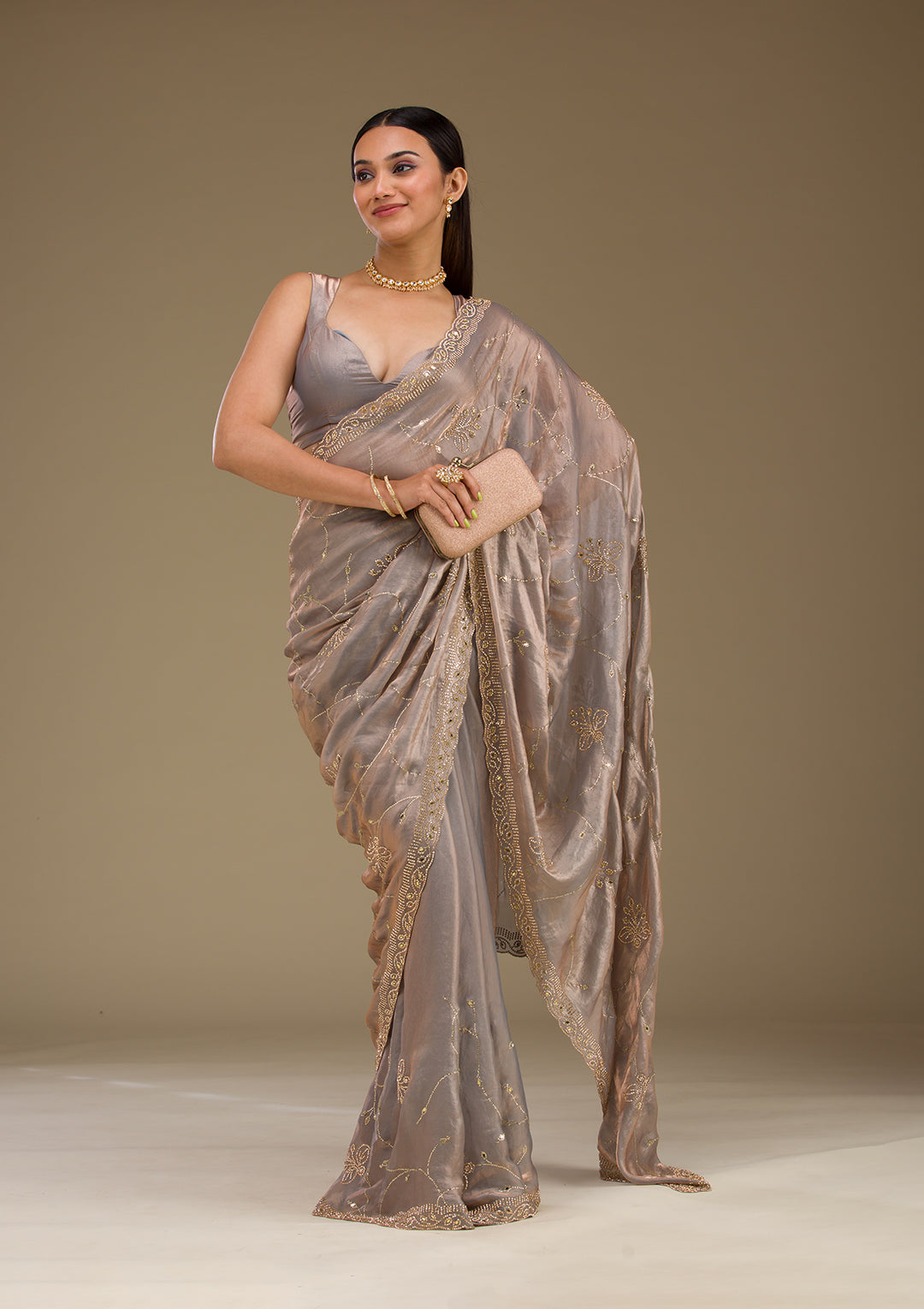 Grey Stonework Tissue Saree