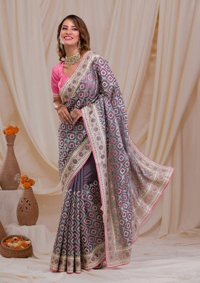 Grey Swarovski Chiffon Saree-Koskii