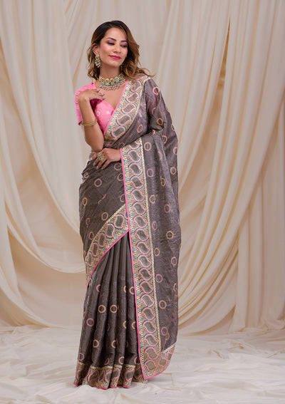 Grey Swarovski Chiffon Saree-Koskii