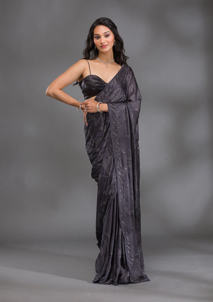 Grey Swarovski Satin Saree