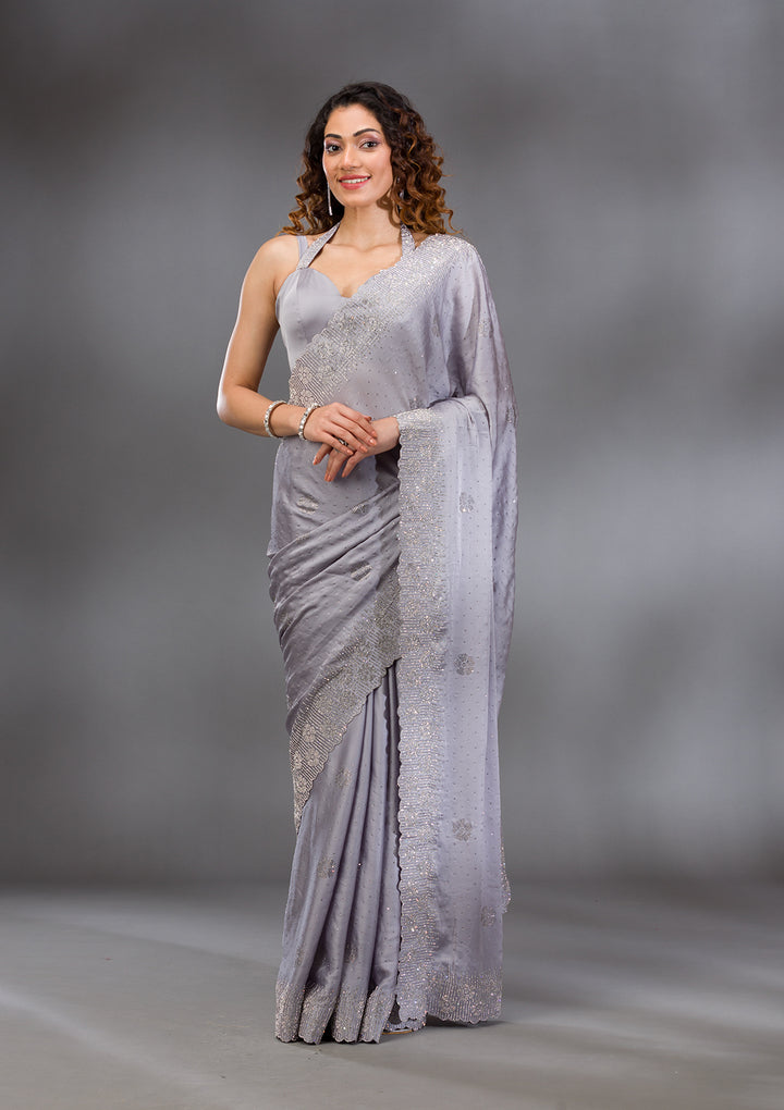 Grey Swarovski Satin Saree