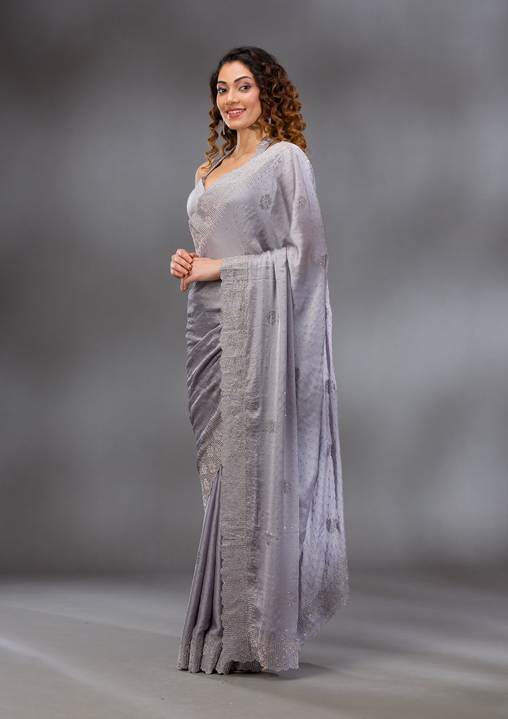 Grey Swarovski Satin Saree