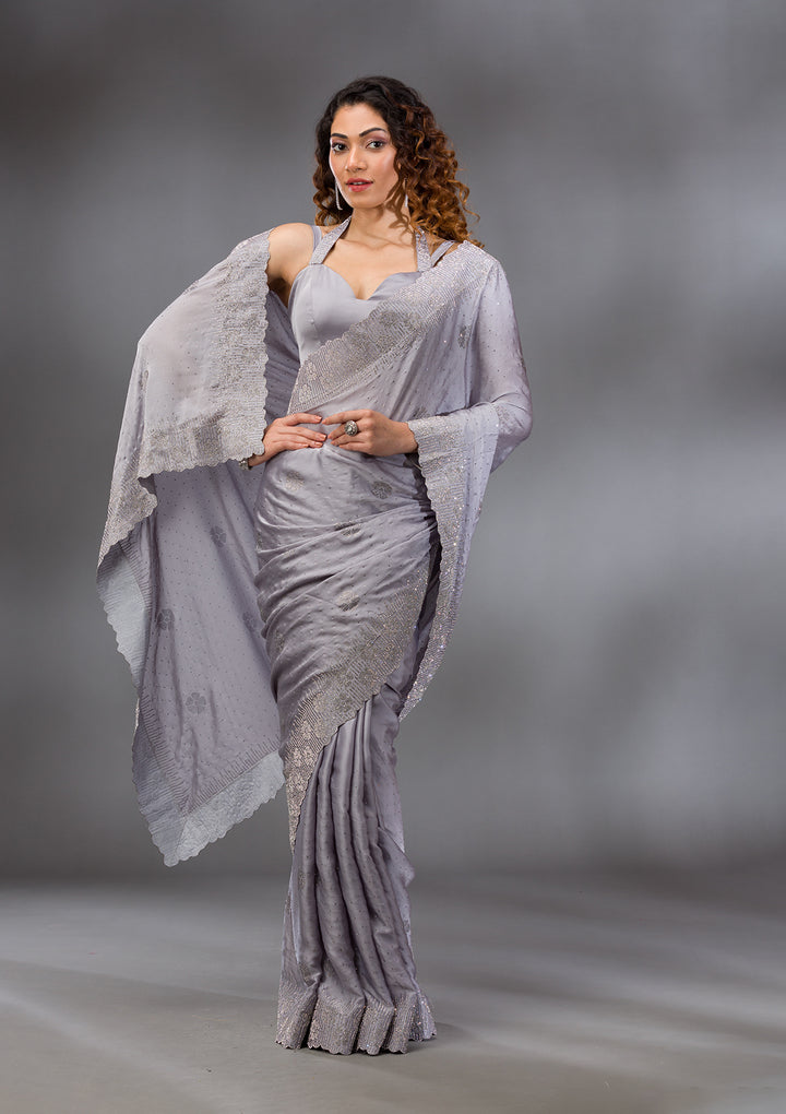 Grey Swarovski Satin Saree