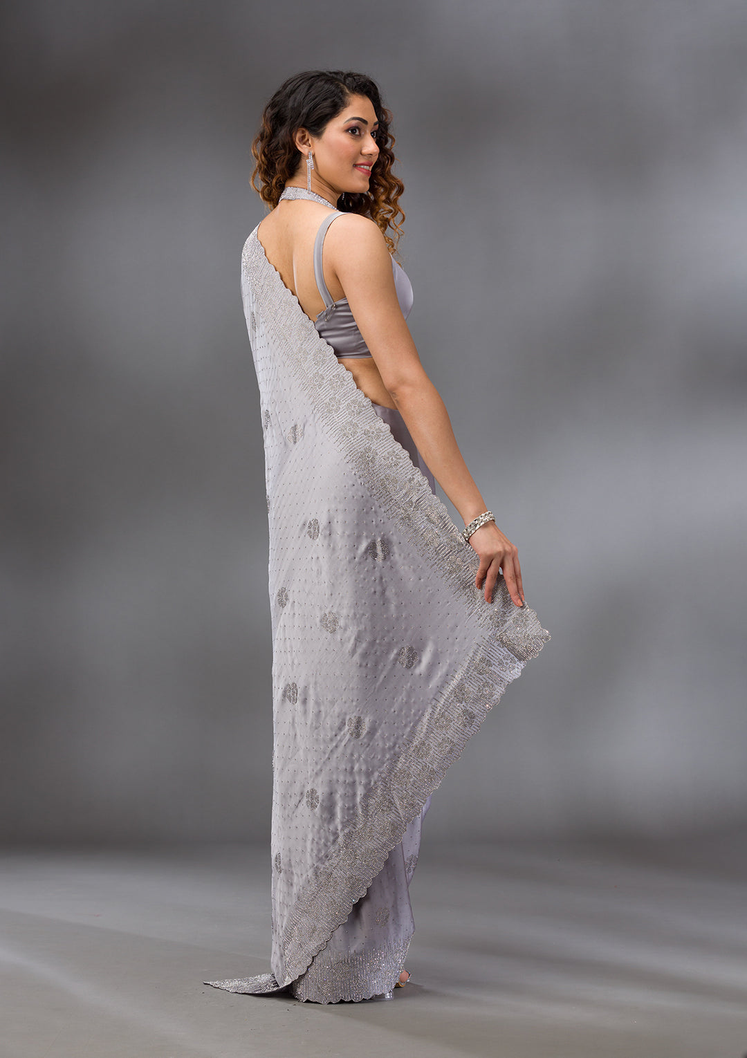 Grey Swarovski Satin Saree